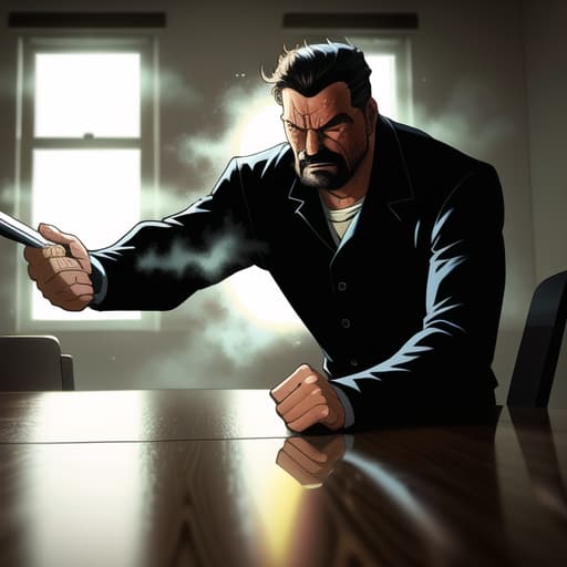  a man in his anger slams his hands on the table and at the same time everything in the room is blown from its spot as if a bomb went off, Comic art, high quality, highly detailed, intricate, sharp focus, (centered image composition), (professionally color graded), ((western omit style)), volumetric fog, trending on instagram, HDR 4K, 8K