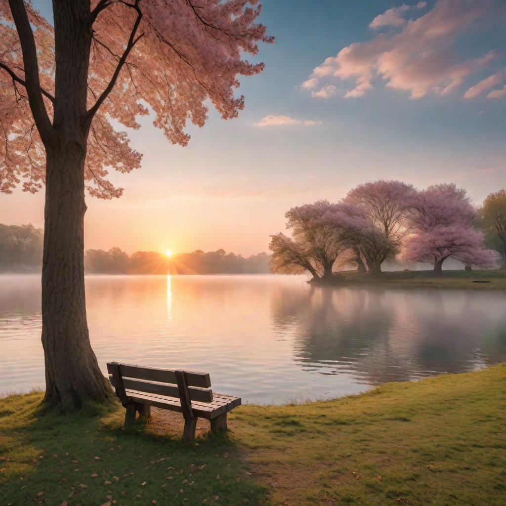  A serene sunset over a tranquil lake, with soft pastel colors blending into a calming sky. Gentle waves ripple the surface of the water, reflecting the warm hues of the setting sun. On the shore, there's a small bench under a large, old tree with sprawling branches. The scene is peaceful and evokes a sense of calm and serenity. hyperrealistic, full body, detailed clothing, highly detailed, cinematic lighting, stunningly beautiful, intricate, sharp focus, f/1. 8, 85mm, (centered image composition), (professionally color graded), ((bright soft diffused light)), volumetric fog, trending on instagram, trending on tumblr, HDR 4K, 8K