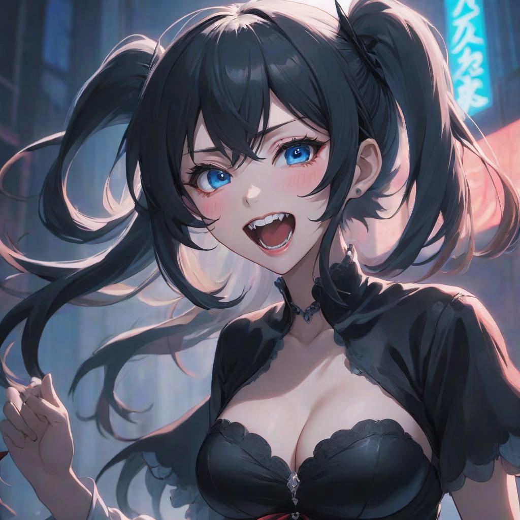  anime artwork a close up of a woman , artwork in the style of guweiz, evil insane smiling laugh, glowing black aura, androgynous vampire, frightful, by Gu Zhengyi, ahegao, thousands of teeth, scary angry pose, bite her lip, blue wall, yami kawaii, black ears . anime style, key visual, vibrant, studio anime, highly detailed hyperrealistic, full body, detailed clothing, highly detailed, cinematic lighting, stunningly beautiful, intricate, sharp focus, f/1. 8, 85mm, (centered image composition), (professionally color graded), ((bright soft diffused light)), volumetric fog, trending on instagram, trending on tumblr, HDR 4K, 8K