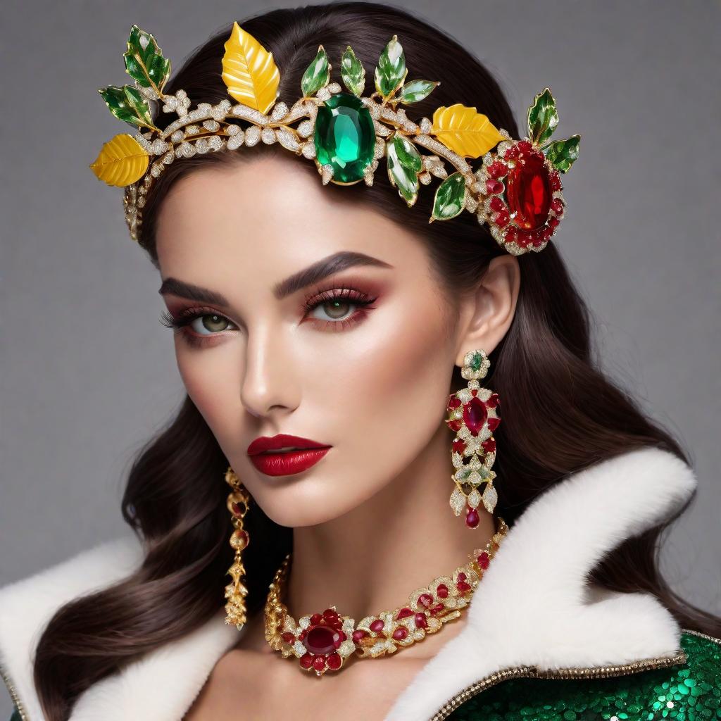  A fashion model wearing a belt with a mistletoe belt buckle. The buckle is luxurious and iced out with various gemstones, including round cut red rubies, green emeralds, yellow sapphires, and sparkling VVS diamonds. The mistletoe buckle is designed to be festive and glamorous, with each gemstone carefully placed to enhance its appearance. The model is showcasing the belt in a stylish pose, emphasizing its opulent design and holiday theme. hyperrealistic, full body, detailed clothing, highly detailed, cinematic lighting, stunningly beautiful, intricate, sharp focus, f/1. 8, 85mm, (centered image composition), (professionally color graded), ((bright soft diffused light)), volumetric fog, trending on instagram, trending on tumblr, HDR 4K, 8K