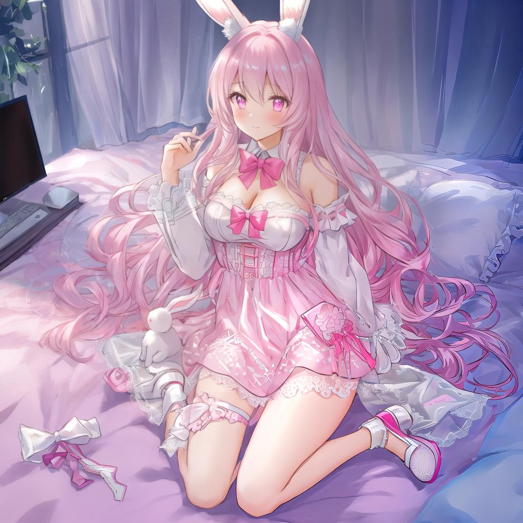  beautiful ilration, best quality, cute , bedroom, pastel color, fluffy bunny ears, , silver long hair, rabbit stuffed toy, bright lighting, light pink eyes hyperrealistic, full body, detailed clothing, highly detailed, cinematic lighting, stunningly beautiful, intricate, sharp focus, f/1. 8, 85mm, (centered image composition), (professionally color graded), ((bright soft diffused light)), volumetric fog, trending on instagram, trending on tumblr, HDR 4K, 8K