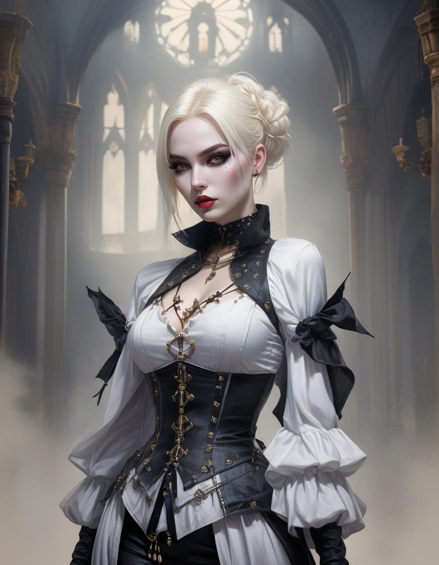  concept art Gothic fashion, a beautiful gothic with white blonde hair, freckles, full body view, pop costume, detailed watercolor and ink, victorian punk, pop goth culture, gothic background, backglow, contrasted lighting, dynamic pose, fashion magazine, art by ashley wood, by thomas blackshear, by natalie shau, by daniel f gerhart . digital artwork, illustrative, painterly, matte painting, highly detailed hyperrealistic, full body, detailed clothing, highly detailed, cinematic lighting, stunningly beautiful, intricate, sharp focus, f/1. 8, 85mm, (centered image composition), (professionally color graded), ((bright soft diffused light)), volumetric fog, trending on instagram, trending on tumblr, HDR 4K, 8K