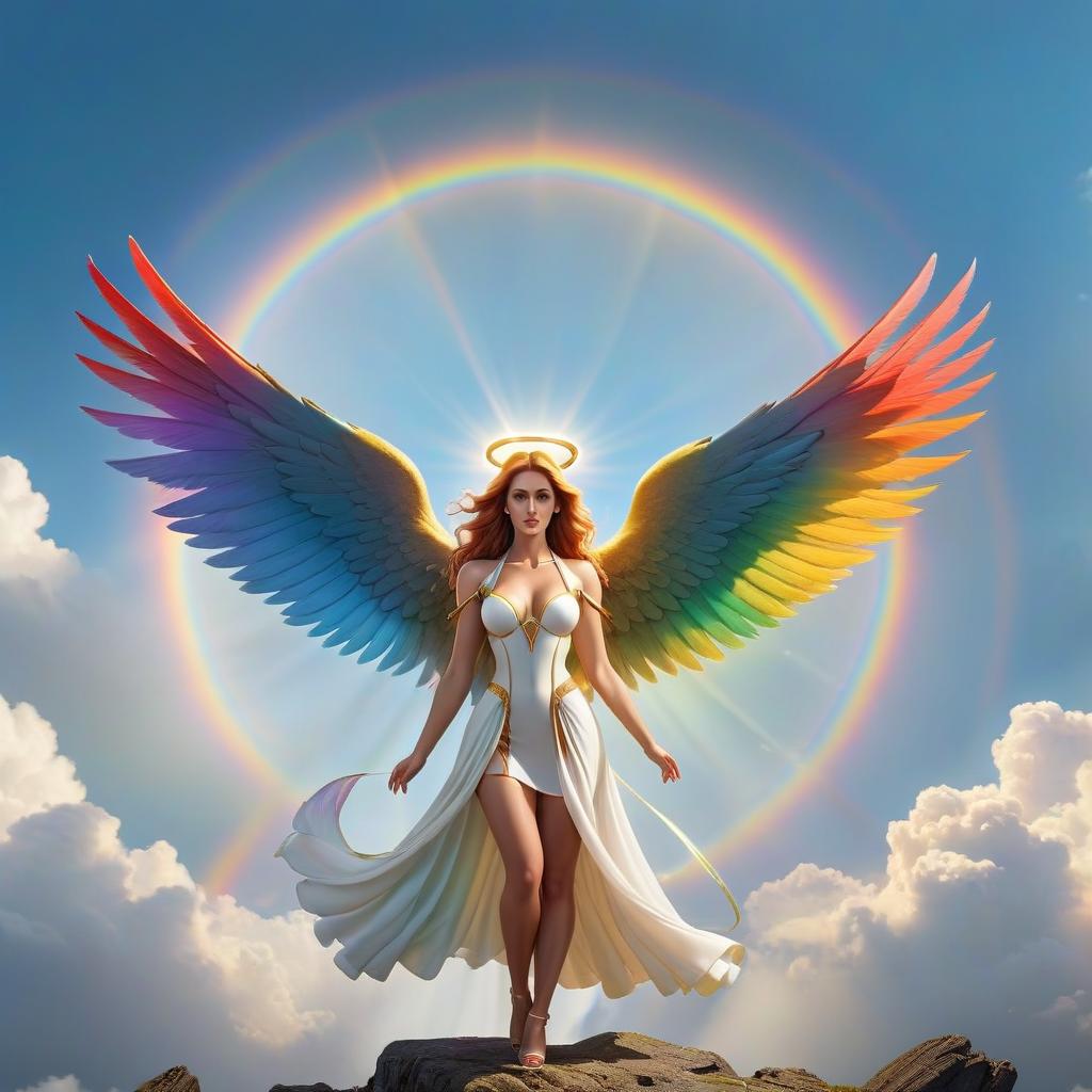  concept art angel with a shiny halo and large rainbow wings, in the sky with kuchom . digital artwork, illustrative, painterly, matte painting, highly detailed, LOGO hyperrealistic, full body, detailed clothing, highly detailed, cinematic lighting, stunningly beautiful, intricate, sharp focus, f/1. 8, 85mm, (centered image composition), (professionally color graded), ((bright soft diffused light)), volumetric fog, trending on instagram, trending on tumblr, HDR 4K, 8K