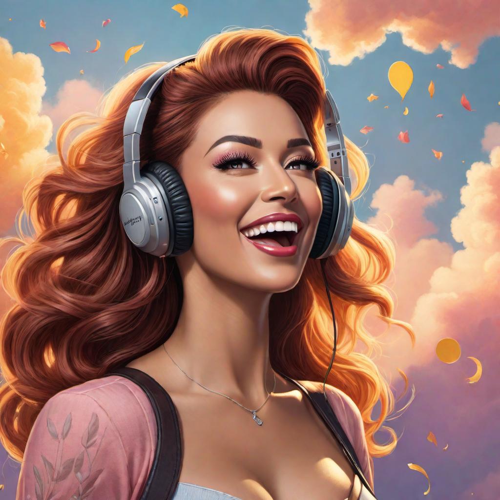  A cartoon-style drawing of a woman saying she loves Twoodz ga boy's music. The woman should have a joyful and excited expression, possibly with musical notes around her to indicate music. Use bright, cheerful colors to convey her enthusiasm. hyperrealistic, full body, detailed clothing, highly detailed, cinematic lighting, stunningly beautiful, intricate, sharp focus, f/1. 8, 85mm, (centered image composition), (professionally color graded), ((bright soft diffused light)), volumetric fog, trending on instagram, trending on tumblr, HDR 4K, 8K