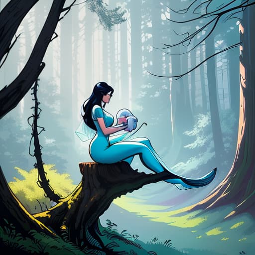  illustration of a fairy tale in vector format: A mermaid sits on a tree trunk, a cat walks around the tree on a chain, there are tracks of animals on the ground, A hut stands behind the tree on chicken legs, Vector art, Vivid colors, Clean lines, Sharp edges, Minimalist, Precise geometry, Simplistic, Smooth curves, Bold outlines, Crisp shapes, Flat colors, Illustration art piece, High contrast shadows, Technical illustration, Graphic design, Vector graphics, High contrast, Precision artwork, Linear compositions, Scalable artwork, Digital art hyperrealistic, full body, detailed clothing, highly detailed, cinematic lighting, stunningly beautiful, intricate, sharp focus, f/1. 8, 85mm, (centered image composition), (professionally color graded), ((bright soft diffused light)), volumetric fog, trending on instagram, trending on tumblr, HDR 4K, 8K