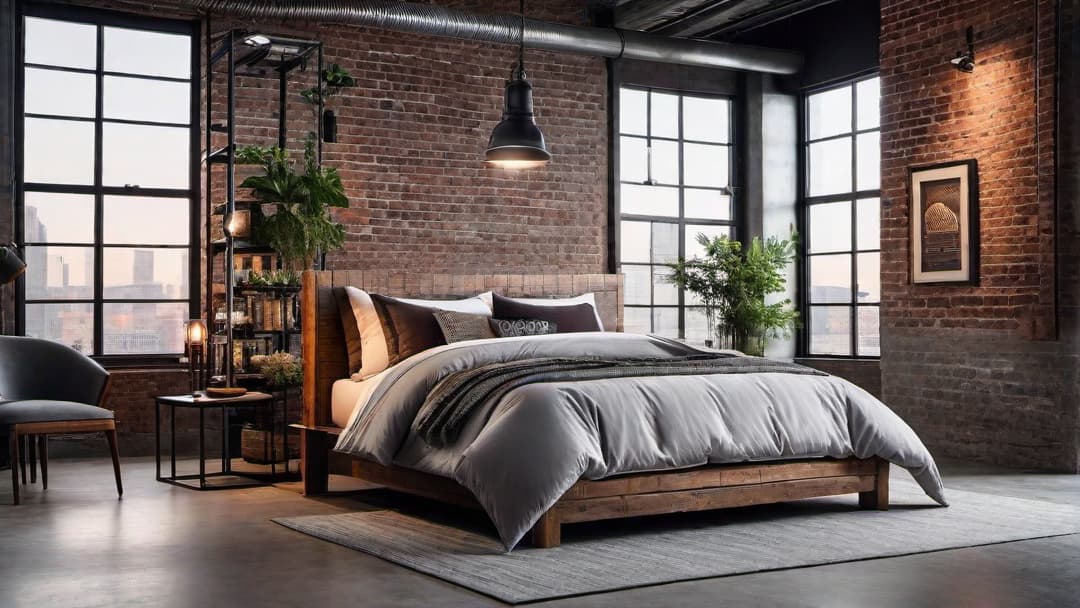  Create an image of an industrial style bedroom featuring exposed brick walls and sleek metal finishes. The centerpiece should be a bed with an industrial bed frame and an industrial headboard. Include vintage light fixtures, reclaimed wood nightstands, and steel pipe shelving to enhance the urban and rustic feel. hyperrealistic, full body, detailed clothing, highly detailed, cinematic lighting, stunningly beautiful, intricate, sharp focus, f/1. 8, 85mm, (centered image composition), (professionally color graded), ((bright soft diffused light)), volumetric fog, trending on instagram, trending on tumblr, HDR 4K, 8K