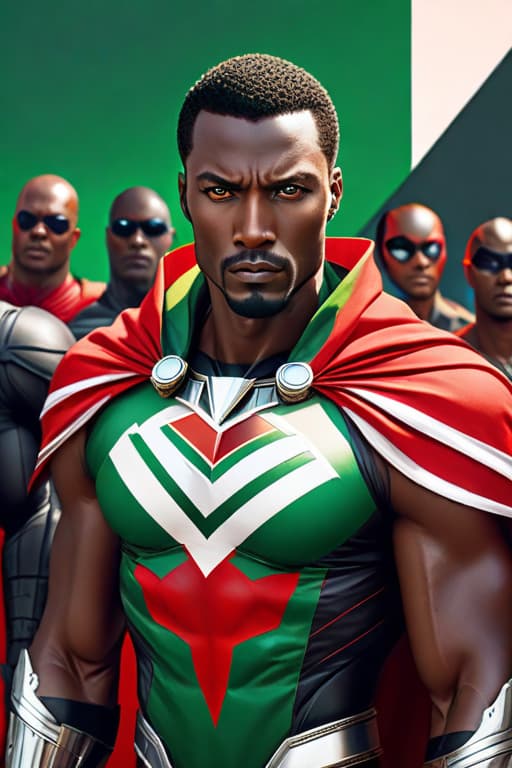  Pretty African aged very beautiful with black superhero costume, long cape in the colors of the flag of Kenya red green black white, Afro hair, herd of zes in the background, determined look, very beautiful, brown eyes, eyes in almond, small s, beautiful smile hyperrealistic, full body, detailed clothing, highly detailed, cinematic lighting, stunningly beautiful, intricate, sharp focus, f/1. 8, 85mm, (centered image composition), (professionally color graded), ((bright soft diffused light)), volumetric fog, trending on instagram, trending on tumblr, HDR 4K, 8K