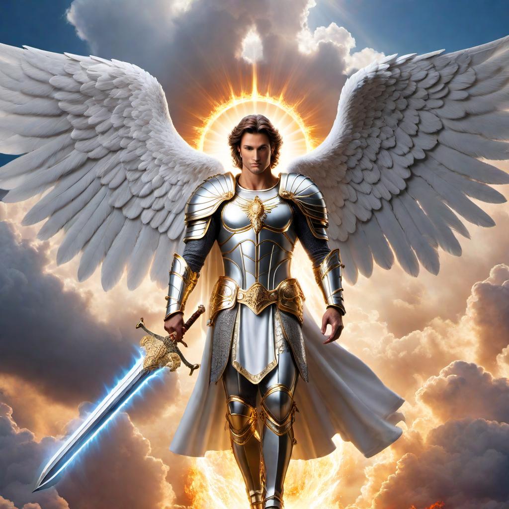  Michael the Archangel, depicted as a majestic and powerful angel with large, radiant wings. He wears shining armor and holds a flaming sword, standing in a heavenly realm with clouds and rays of divine light. His expression is calm yet determined, symbolizing protection and justice. hyperrealistic, full body, detailed clothing, highly detailed, cinematic lighting, stunningly beautiful, intricate, sharp focus, f/1. 8, 85mm, (centered image composition), (professionally color graded), ((bright soft diffused light)), volumetric fog, trending on instagram, trending on tumblr, HDR 4K, 8K