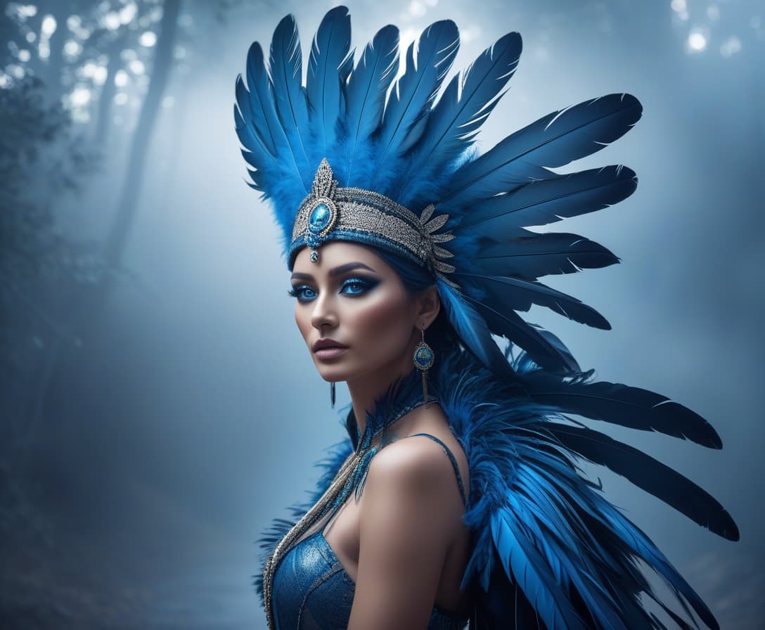  "This is a portrait of a person with feathers for hair. Their eyes are a profound, mesmerizing blue. The feathers rustle and shift with their emotions." hyperrealistic, full body, detailed clothing, highly detailed, cinematic lighting, stunningly beautiful, intricate, sharp focus, f/1. 8, 85mm, (centered image composition), (professionally color graded), ((bright soft diffused light)), volumetric fog, trending on instagram, trending on tumblr, HDR 4K, 8K