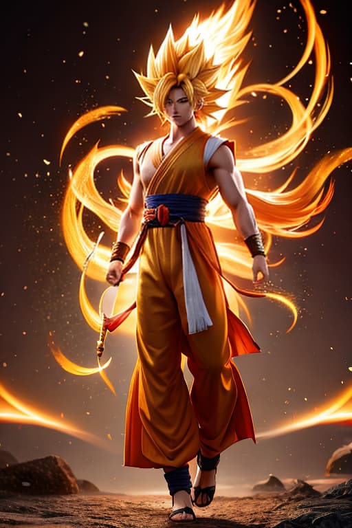  Son Goku Super Saiyan Golden Aura hyperrealistic, full body, detailed clothing, highly detailed, cinematic lighting, stunningly beautiful, intricate, sharp focus, f/1. 8, 85mm, (centered image composition), (professionally color graded), ((bright soft diffused light)), volumetric fog, trending on instagram, trending on tumblr, HDR 4K, 8K