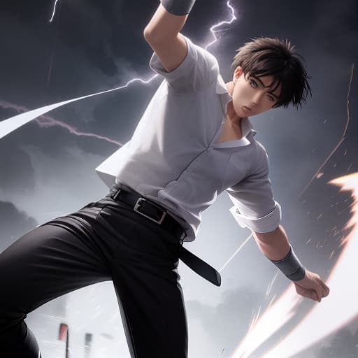  manga drawing of ancient fighter boy wearing black trousers, white linen shirt, fabric belt and gray long boots, jumping from the ground avoiding a thunder attack on the ground , ((best quality)), ((masterpiece)), highly detailed, absurdres, HDR 4K, 8K