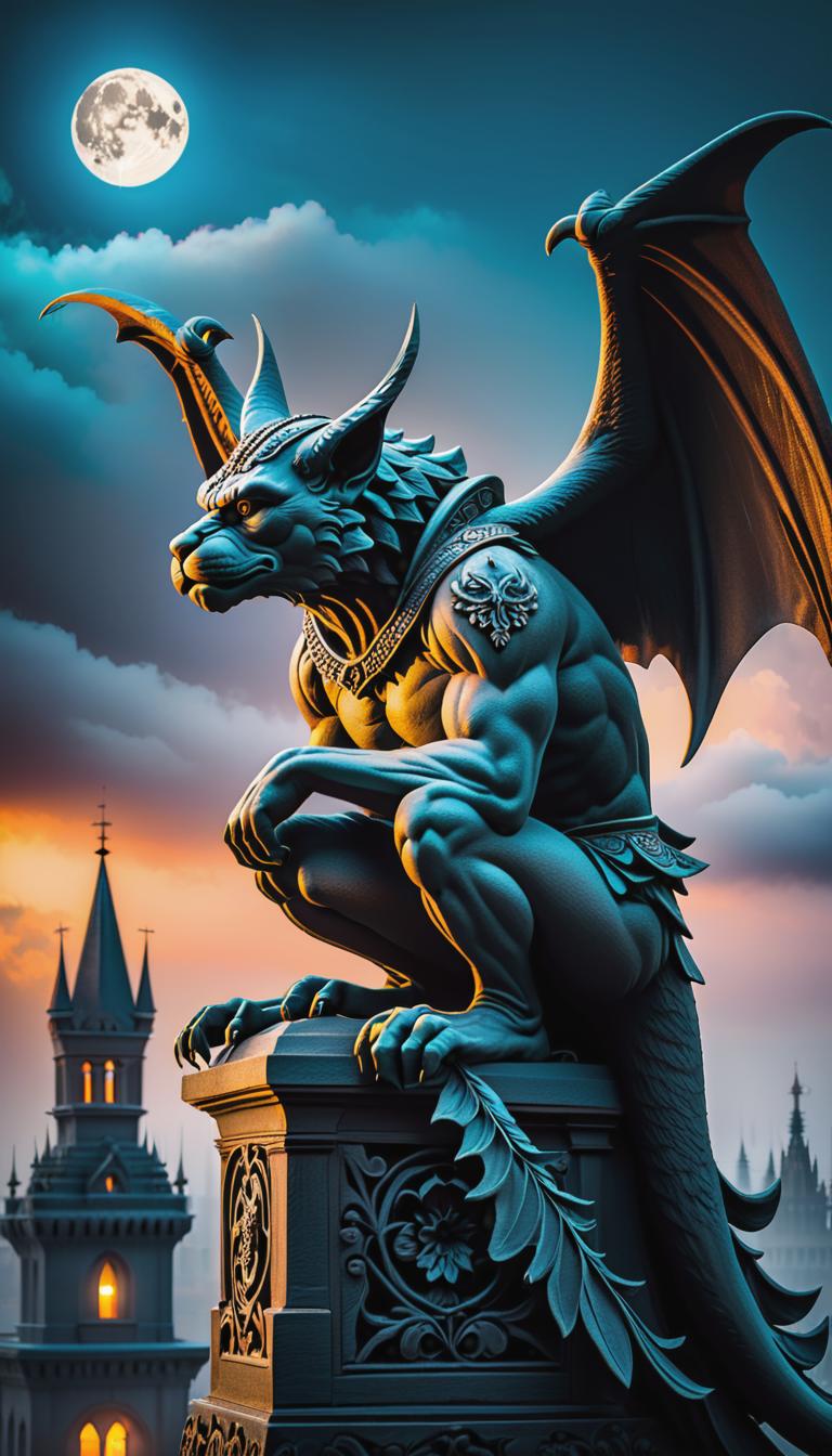  gothic style depiction of a gargoyle perched on a moonlit tower. Dark, mysterious, scary, haunting, dramatic, ornate, detailed. . dark, mysterious, haunting, dramatic, ornate, detailed, hyperrealistic, full body, detailed clothing, highly detailed, cinematic lighting, stunningly beautiful, intricate, sharp focus, f/1. 8, 85mm, (centered image composition), (professionally color graded), ((bright soft diffused light)), volumetric fog, trending on instagram, trending on tumblr, HDR 4K, 8K