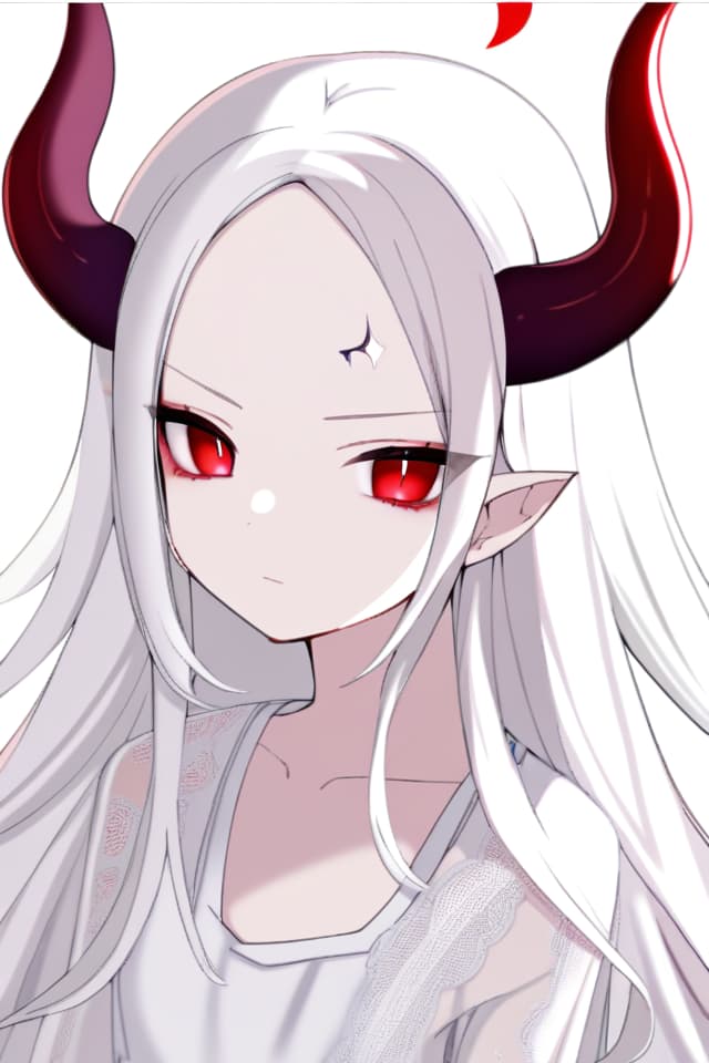  White hair red eye, long hair, forehead demon horn, beautiful girl