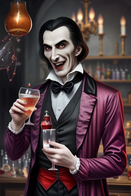  Picture Dracula as a scientist preparing something fizzy and sparkling with insane details and vivid colors and handsome character full body cloths and vampire teeth