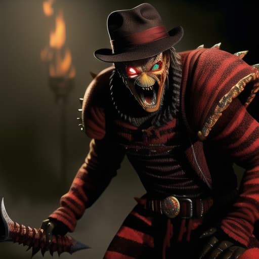  full body, fusion Freddy Krueger and a Reptile, malicious smile, bloody, gore, horror theme, nightmare, masterpiece, scale like skin, full body, lizard forked tongue, Freddy's knife fingers, , (masterpiece, best quality:1.5), HDR 4K, 8K