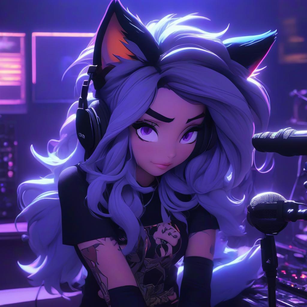  anime artwork A girl with long blue hair, cat ears, purple eyes, wearing a black shirt with a fox symbol is sitting in front of a microphone with a fox shaped microphone. Recording studio. . anime style, key visual, vibrant, studio anime, highly detailed hyperrealistic, full body, detailed clothing, highly detailed, cinematic lighting, stunningly beautiful, intricate, sharp focus, f/1. 8, 85mm, (centered image composition), (professionally color graded), ((bright soft diffused light)), volumetric fog, trending on instagram, trending on tumblr, HDR 4K, 8K