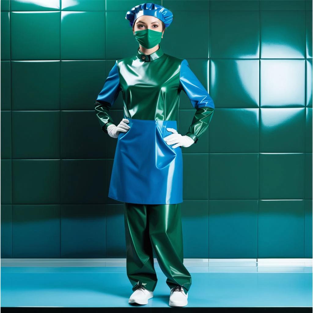  woman surgeon, full length, front view, full face, dressed, shower cap, surgical beret, two colors glossy latex dark green and dark blue, the lover part shower cap beret, glossy latex dark green, and the upper part shower cap beret, glossy latex dark blue hyperrealistic, full body, detailed clothing, highly detailed, cinematic lighting, stunningly beautiful, intricate, sharp focus, f/1. 8, 85mm, (centered image composition), (professionally color graded), ((bright soft diffused light)), volumetric fog, trending on instagram, trending on tumblr, HDR 4K, 8K