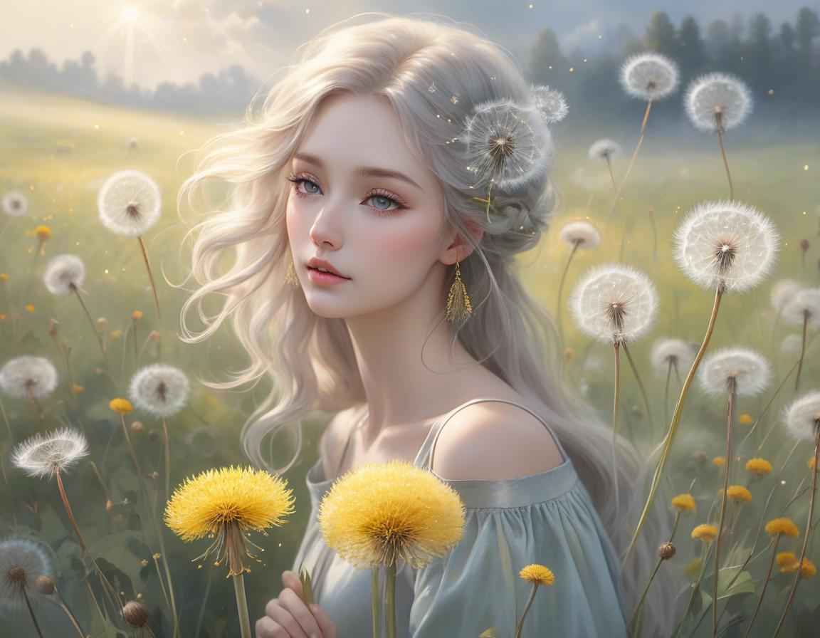  hyperrealistic art A tranquil image of a young with dandelions in her hair, surrounded by a soft, dreamy landscape. Delicate watercolor painting, ethereal atmosphere, whimsical dandelion hair, floating wishes, eyes reflecting the sky, innocence and wonder, soft pastel colors, gentle strokes, dreamy and airy feel, light and shadow play, intricate details, fine art quality, by Emily Winfield Martin, Etsy, 3000x4000 resolution. . extremely high resolution details, photographic, realism pushed to extreme, fine texture, incredibly lifelike hyperrealistic, full body, detailed clothing, highly detailed, cinematic lighting, stunningly beautiful, intricate, sharp focus, f/1. 8, 85mm, (centered image composition), (professionally color graded), ((bright soft diffused light)), volumetric fog, trending on instagram, trending on tumblr, HDR 4K, 8K