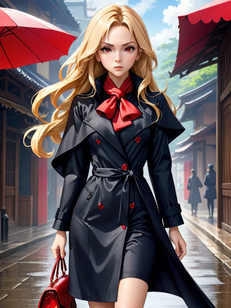  anime artwork, anime style, key visual, vibrant, studio anime, highly detailed, Roland Mouret Tikal stretch crepe midi dress, Woman, blonde hair long , rolling eyes, heart shaped pupils 100 feet tall wearing a long black raincoat with a red silk scarf with a hair brush and a purse