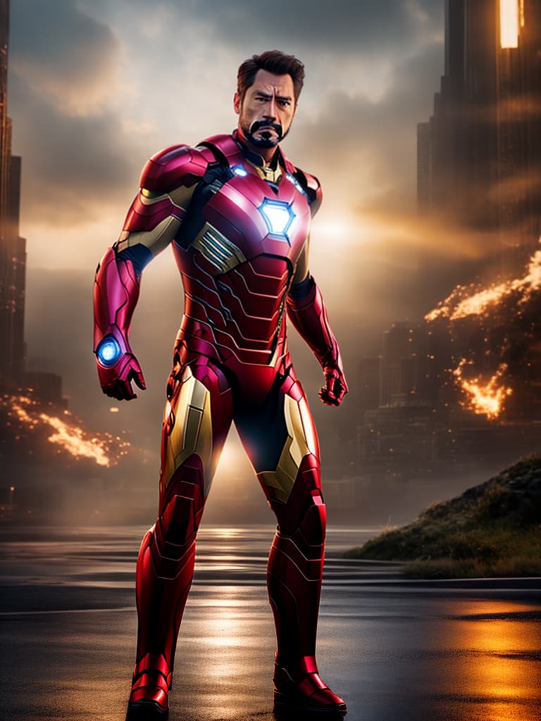  ironman tony stark in cinematic poster hyperrealistic, full body, detailed clothing, highly detailed, cinematic lighting, stunningly beautiful, intricate, sharp focus, f/1. 8, 85mm, (centered image composition), (professionally color graded), ((bright soft diffused light)), volumetric fog, trending on instagram, trending on tumblr, HDR 4K, 8K