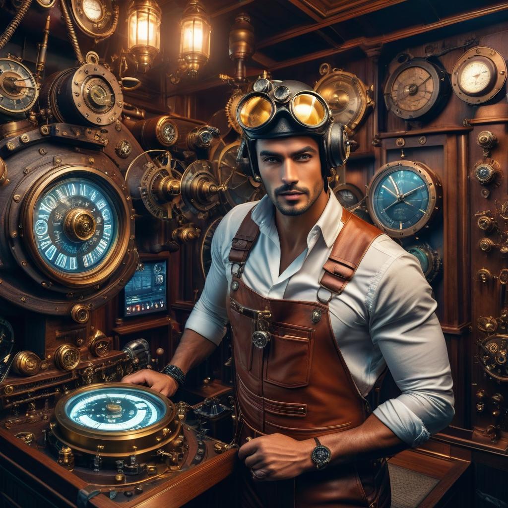  nautical themed Steam punk. Steam punk. Barcelona. Street of a futuristic city. Evening, the lights are on. A young mechanic in leather overalls. Instrument dials are visible. Protective gles. Next to futuristic steam engine, city fairytale atmosphere, masterpiece, extremely detailed, complex composition, fantasy, wide angle, radiance, colorful painting, rich color, HDR, digital ilration. Lots of details . sea, ocean, ships, maritime, beach, marine life, highly detailed hyperrealistic, full body, detailed clothing, highly detailed, cinematic lighting, stunningly beautiful, intricate, sharp focus, f/1. 8, 85mm, (centered image composition), (professionally color graded), ((bright soft diffused light)), volumetric fog, trending on instagram, trending on tumblr, HDR 4K, 8K