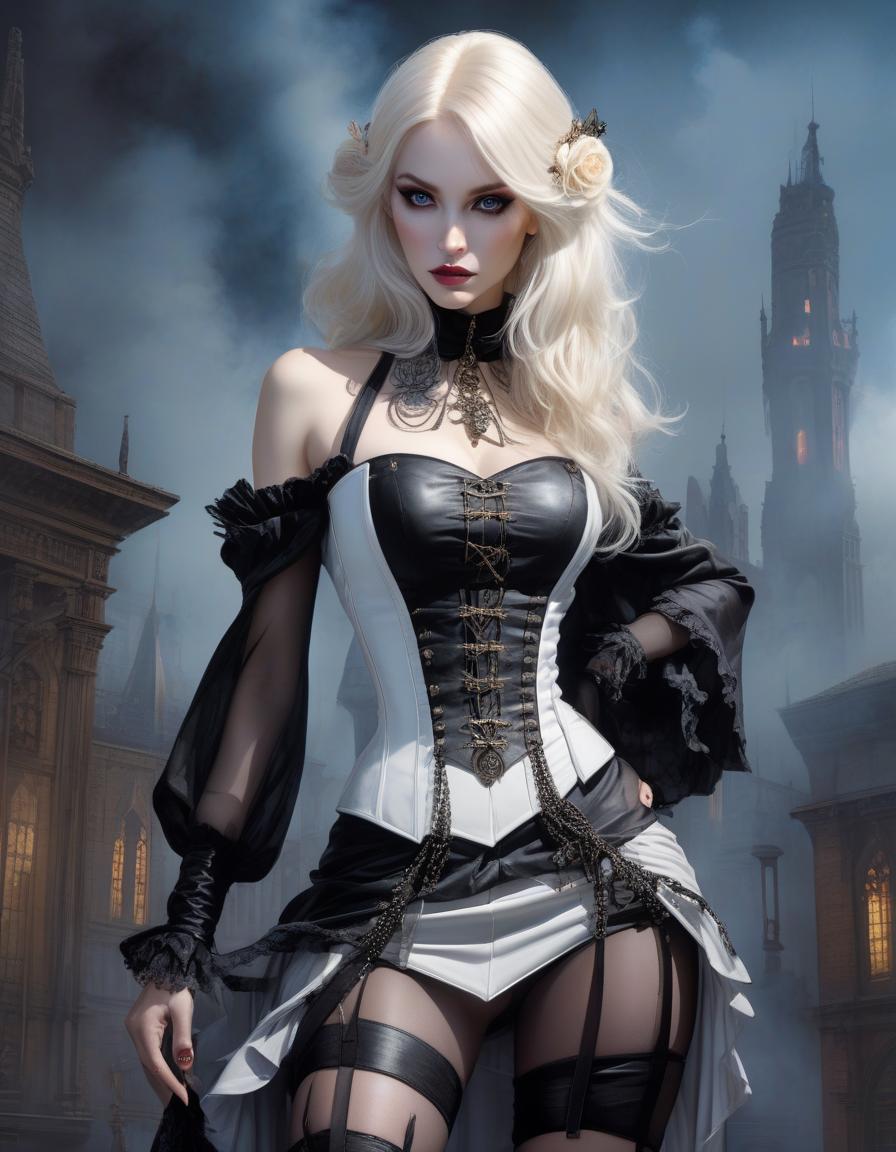  surrealist art Gothic fashion, a beautiful gothic with white blonde hair, freckles, full body view, pop costume, detailed watercolor and ink, victorian punk, pop goth culture, gothic background, backglow, contrasted lighting, dynamic pose, fashion magazine, art by ashley wood, by thomas blackshear, by natalie shau, by daniel f gerhart . dreamlike, mysterious, provocative, symbolic, intricate, detailed hyperrealistic, full body, detailed clothing, highly detailed, cinematic lighting, stunningly beautiful, intricate, sharp focus, f/1. 8, 85mm, (centered image composition), (professionally color graded), ((bright soft diffused light)), volumetric fog, trending on instagram, trending on tumblr, HDR 4K, 8K