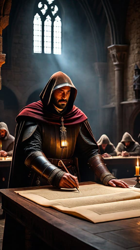  [The scene opens in a dimly lit medieval castle. A group of cloaked figures gather around a large table, their faces obscured by the shadows. The flickering of candles casts an eerie glow across the room, creating an atmosphere of secrecy and intrigue. The figures speak in hushed tones, their conversation punctuated by the occasional rustling of parchment and the scraping of quills against paper. The tension in the air is palpable, as they discuss matters of great importance, their plans unfolding in the shadows of the castle walls.] hyperrealistic, full body, detailed clothing, highly detailed, cinematic lighting, stunningly beautiful, intricate, sharp focus, f/1. 8, 85mm, (centered image composition), (professionally color graded), ((bright soft diffused light)), volumetric fog, trending on instagram, trending on tumblr, HDR 4K, 8K