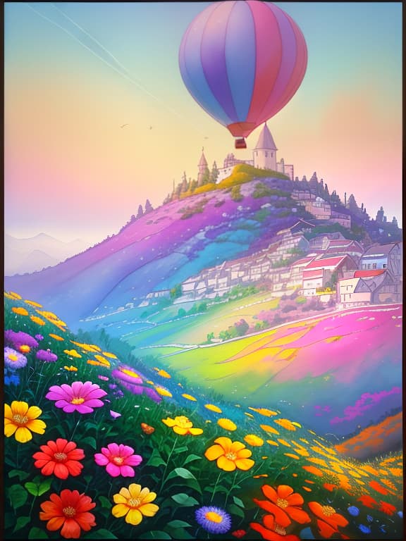  A colorful floral town landscape is seen in the foreground, and a multicolored balloon is flying overhead. Unknown is carrying a seven petaled flower., (Watercolor painting) soft colors ,fluid strokes ,transparent layers hyperrealistic, full body, detailed clothing, highly detailed, cinematic lighting, stunningly beautiful, intricate, sharp focus, f/1. 8, 85mm, (centered image composition), (professionally color graded), ((bright soft diffused light)), volumetric fog, trending on instagram, trending on tumblr, HDR 4K, 8K