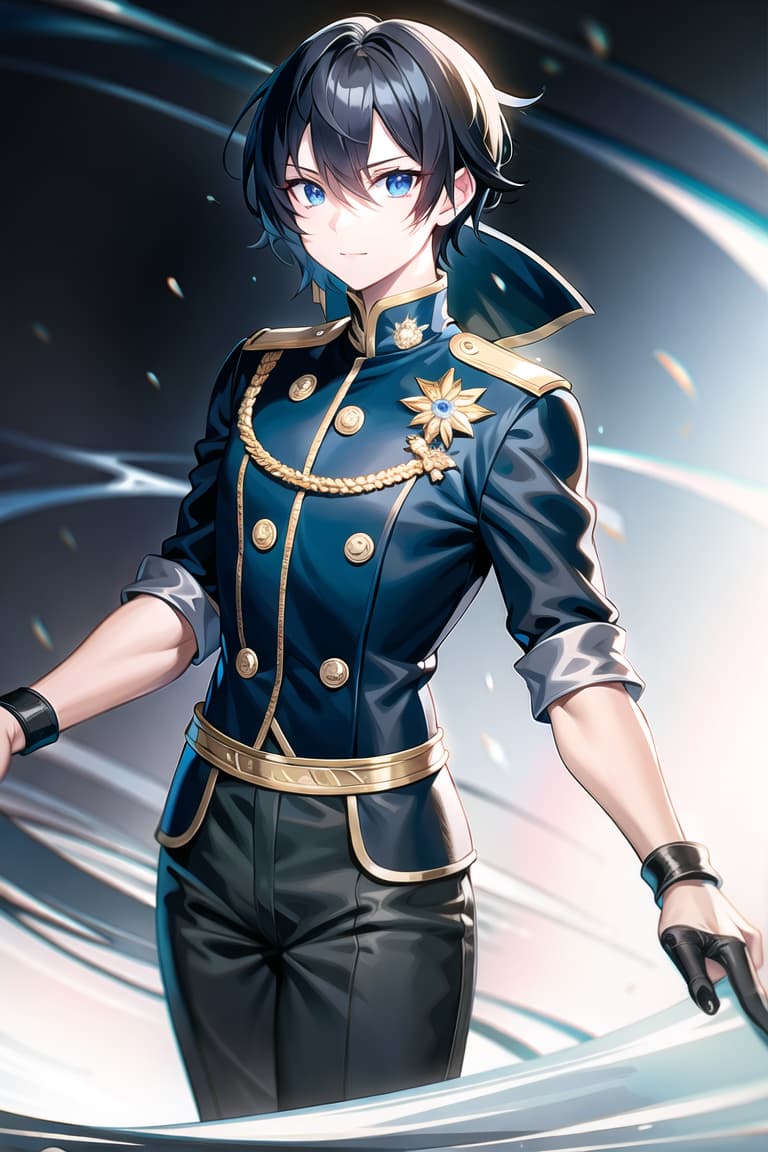  master piece , best quality,Blue eyed, black haired, short, young male in neat combat uniform