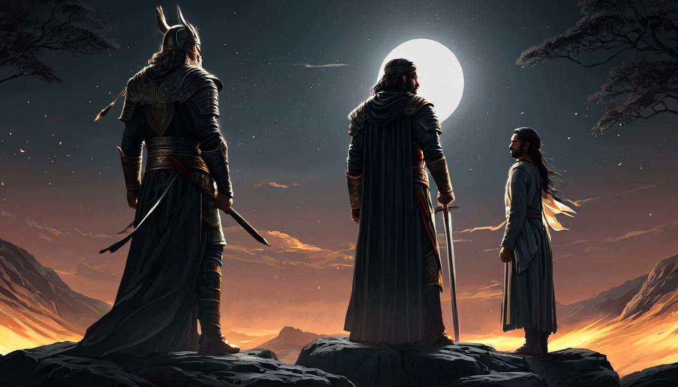  digital illustration, Two figures standing tall with light surrounding them (Shem and Japheth), middle of a dark landscape, radiating righteousness, their presence a beacon of light, stark contrasts, looking at viewer, dynamic pose, (intricate details, masterpiece, best quality)