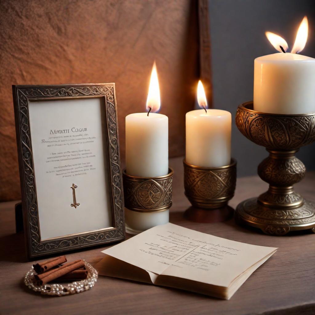  A serene and mystical setting showcasing a fame attraction spell. A white candle is lit, casting a soft glow. In front of the candle, a small piece of paper with a written intention and a pinch of cinnamon is visible. Behind the candle is a small mirror reflecting the flame, with a photo of the spell caster positioned in front of the mirror. The scene is set on a simple altar with a small pouch or envelope nearby. The background is calm and magical, suggesting a focused and powerful practice. hyperrealistic, full body, detailed clothing, highly detailed, cinematic lighting, stunningly beautiful, intricate, sharp focus, f/1. 8, 85mm, (centered image composition), (professionally color graded), ((bright soft diffused light)), volumetric fog, trending on instagram, trending on tumblr, HDR 4K, 8K