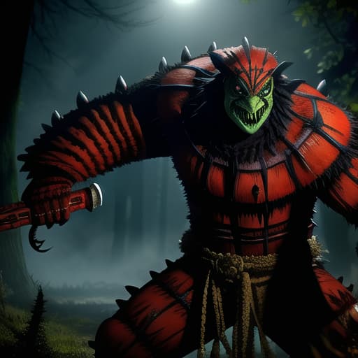  full body, fusion Freddy Krueger and a Reptile, malicious smile, bloody, gore, horror theme, nightmare, masterpiece, scale like skin, full body, lizard forked tongue, weapon shown, , (masterpiece, best quality:1.5), HDR 4K, 8K