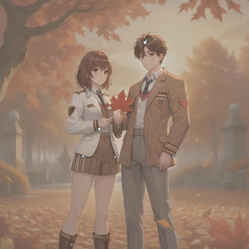  breathtaking A boy, there's a girl on his hands, both characters wear academy uniforms, brown jackets, many straps, they're wearing high boots and trousers, under the uniforms a white football shirt with long sleeves, in the background a sunset, red maple trees, a warm autumn, a fantasy world. . award winning, professional, highly detailed hyperrealistic, full body, detailed clothing, highly detailed, cinematic lighting, stunningly beautiful, intricate, sharp focus, f/1. 8, 85mm, (centered image composition), (professionally color graded), ((bright soft diffused light)), volumetric fog, trending on instagram, trending on tumblr, HDR 4K, 8K