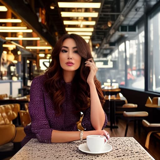  girl sitting in cafe her hair is brown and golden hour in her hair hyperrealistic, full body, detailed clothing, highly detailed, cinematic lighting, stunningly beautiful, intricate, sharp focus, f/1. 8, 85mm, (centered image composition), (professionally color graded), ((bright soft diffused light)), volumetric fog, trending on instagram, trending on tumblr, HDR 4K, 8K