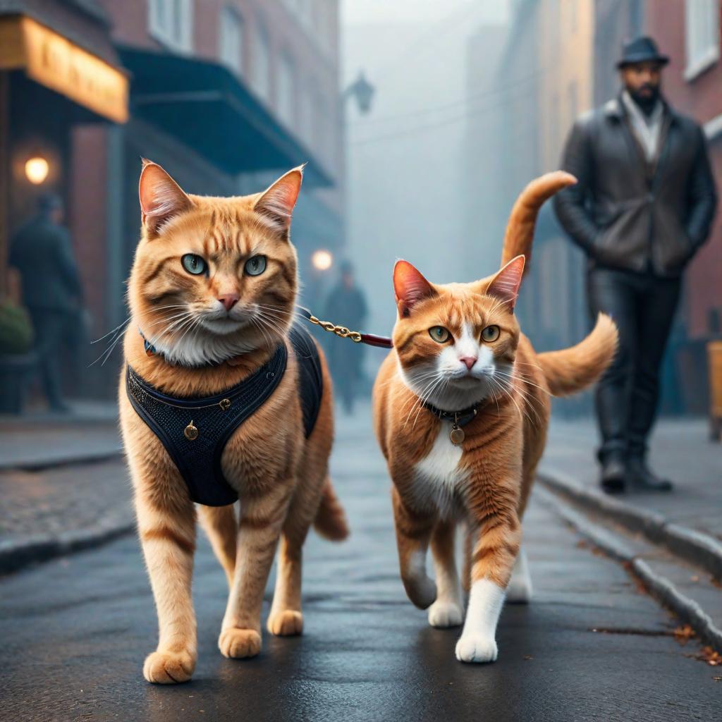  A cat is walking a dog on the street. hyperrealistic, full body, detailed clothing, highly detailed, cinematic lighting, stunningly beautiful, intricate, sharp focus, f/1. 8, 85mm, (centered image composition), (professionally color graded), ((bright soft diffused light)), volumetric fog, trending on instagram, trending on tumblr, HDR 4K, 8K