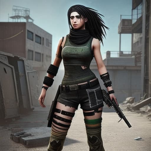  Cyberpunk combat sports I want a design for a dress for the game PUBG, inspired by the Palestinian fighting girl with green eyes and long hair, with details of the Palestinian heritage and the Palestinian keffiyeh.