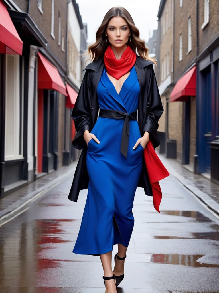  Roland Mouret Tikal stretch crepe midi blue dress, Woman, hair long , rolling eyes, heart shaped pupils 100 feet tall wearing a long black raincoat with a red silk scarf and a holding a 