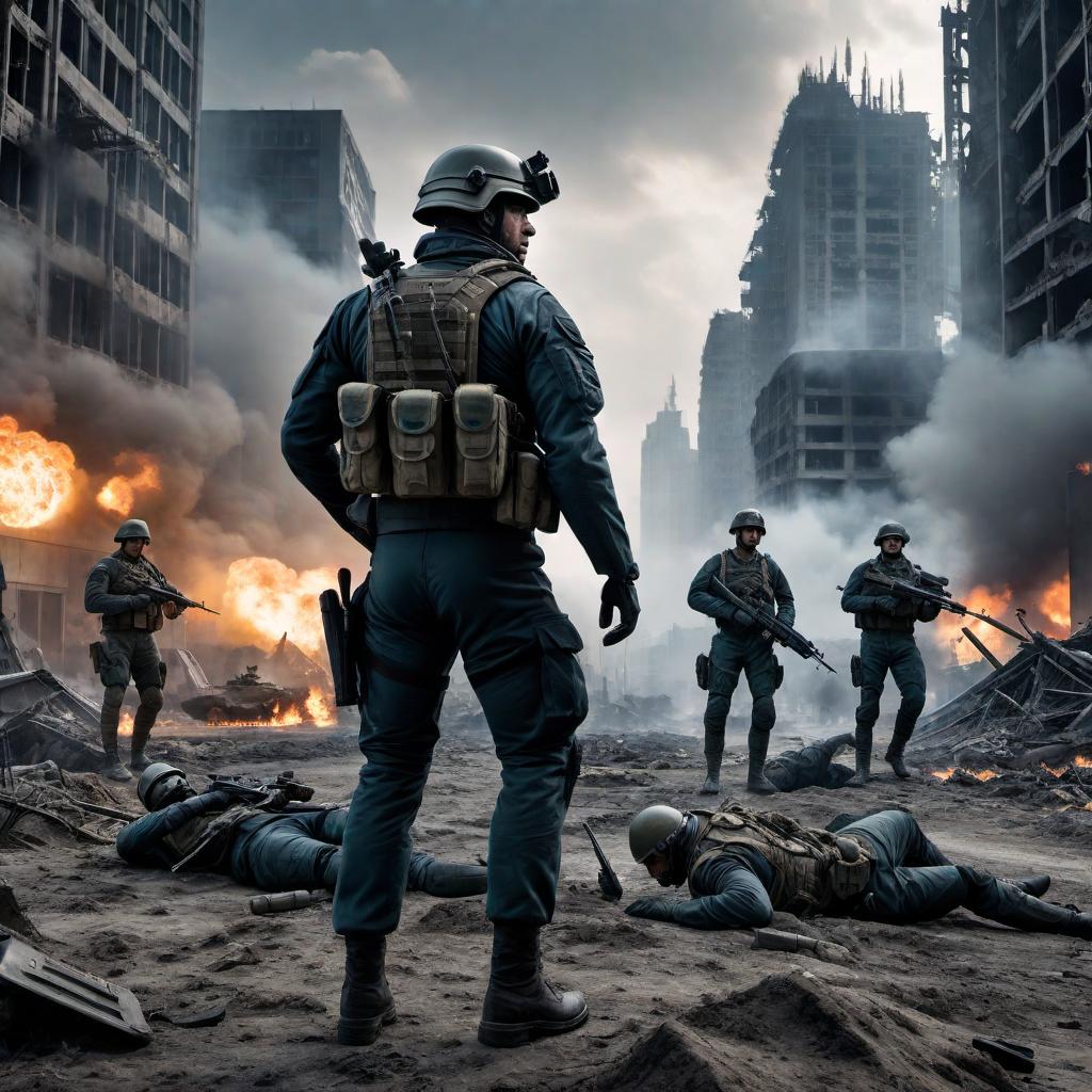  a dramatic and intense depiction of a future world war, showing a battlefield with advanced technology, soldiers in high-tech gear, ruined cities, and a dark, ominous atmosphere. The image should convey a sense of chaos, destruction, and the gravity of such a significant global conflict. hyperrealistic, full body, detailed clothing, highly detailed, cinematic lighting, stunningly beautiful, intricate, sharp focus, f/1. 8, 85mm, (centered image composition), (professionally color graded), ((bright soft diffused light)), volumetric fog, trending on instagram, trending on tumblr, HDR 4K, 8K