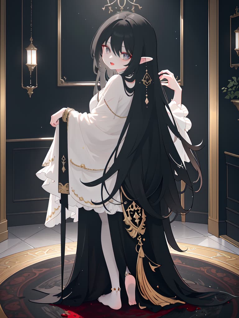  Black straight long hair, White Skin Vampire, Head Tilt, Bloody Saliva, Wide Open Black Eyes, Bloody Lips, Looking Back, Bare Hip , 💩, 💩, 💩, 💩, 💩,, masterpiece, best quality,8k,ultra detailed,high resolution,an extremely delicate and beautiful,hyper detail hyperrealistic, full body, detailed clothing, highly detailed, cinematic lighting, stunningly beautiful, intricate, sharp focus, f/1. 8, 85mm, (centered image composition), (professionally color graded), ((bright soft diffused light)), volumetric fog, trending on instagram, trending on tumblr, HDR 4K, 8K