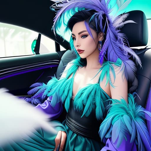  interior car with black leather seats with small purple accent, on front seat sitting a lady character design, feathers top and long dress made bit purple, dark blue green, turquoise