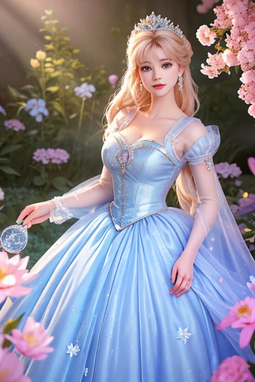  A highly detailed and realistic photo in the style of Disney, featuring a character resembling baby Cinderella. The image shows young Cinderella wearing a sparkling pink dress, surrounded by glowing flower. She is standing.The scene is illuminated with soft, mystical light, creating an enchanting and whimsical atmosphere. Cinderella's expression is filled with wonder and joy as she interacts with the flower. The background is softly blurred to keep the focus on Cinderella and the flower hyperrealistic, full body, detailed clothing, highly detailed, cinematic lighting, stunningly beautiful, intricate, sharp focus, f/1. 8, 85mm, (centered image composition), (professionally color graded), ((bright soft diffused light)), volumetric fog, trending on instagram, trending on tumblr, HDR 4K, 8K