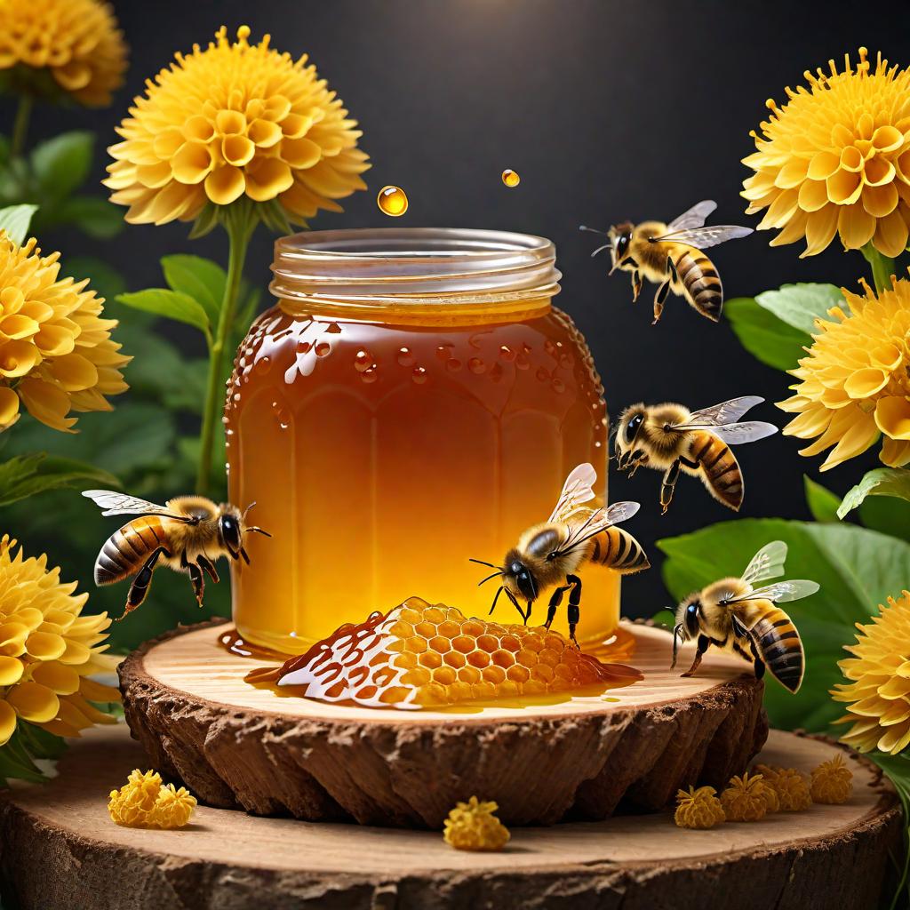  illustration of dark raw honey dripping out of a beehive, with honeycomb texture visible. Include a jar labeled 'Dark Raw Honey' and bees around the hive. The background can include a natural setting with flowers and greenery. hyperrealistic, full body, detailed clothing, highly detailed, cinematic lighting, stunningly beautiful, intricate, sharp focus, f/1. 8, 85mm, (centered image composition), (professionally color graded), ((bright soft diffused light)), volumetric fog, trending on instagram, trending on tumblr, HDR 4K, 8K