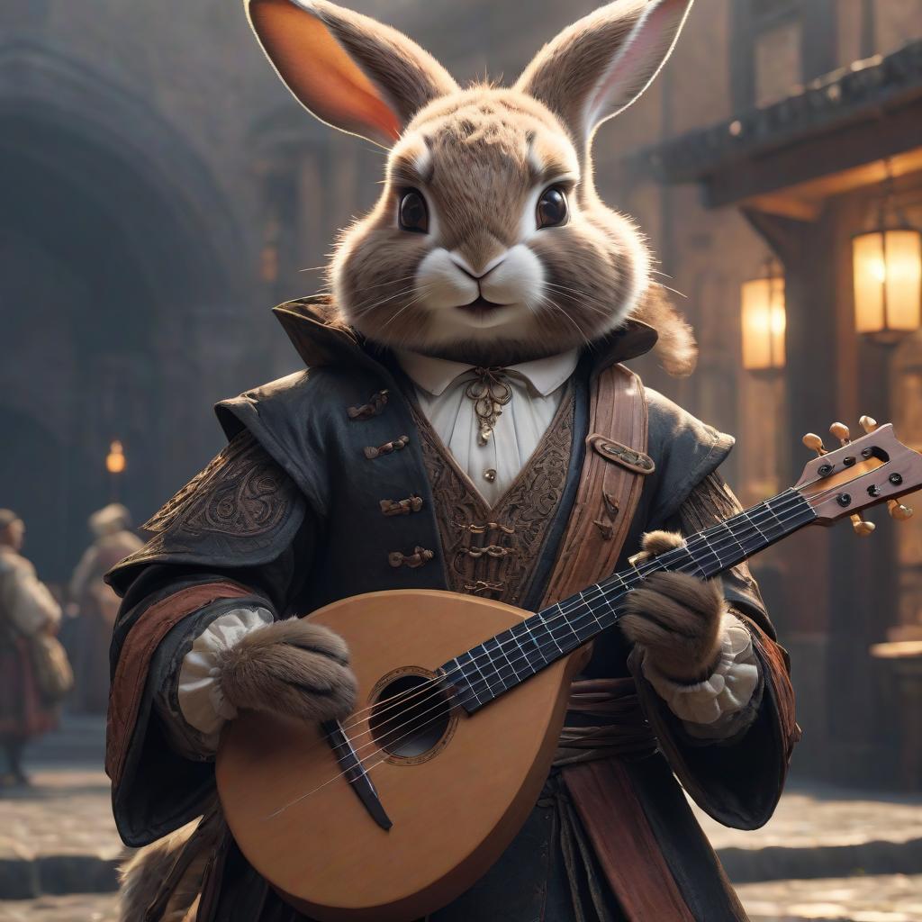  Brown black humanoid rabbit bard with a lute from fantasy. hyperrealistic, full body, detailed clothing, highly detailed, cinematic lighting, stunningly beautiful, intricate, sharp focus, f/1. 8, 85mm, (centered image composition), (professionally color graded), ((bright soft diffused light)), volumetric fog, trending on instagram, trending on tumblr, HDR 4K, 8K