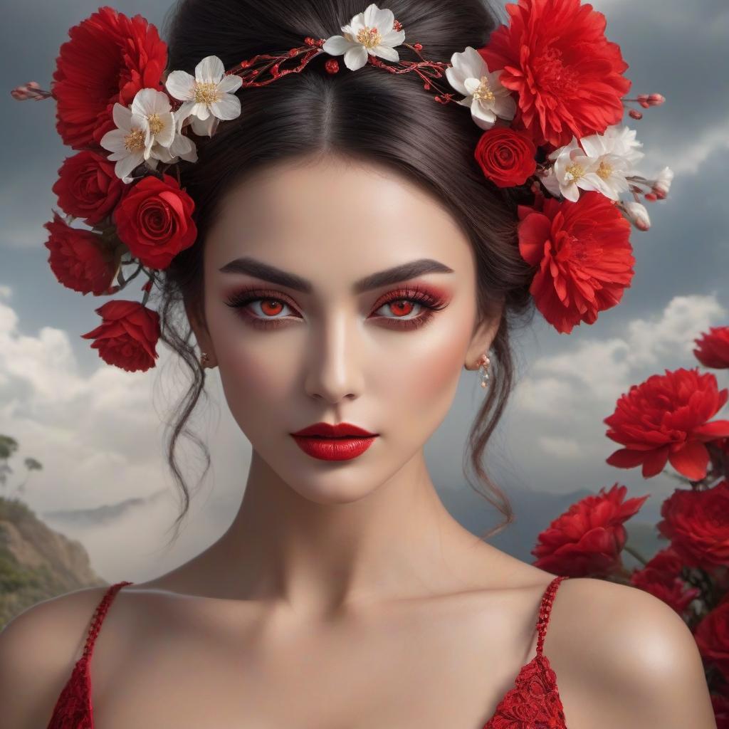  HDR photo of An illustration of a woman with striking red eyes, adorned with traditional hairpins and a flower, set against a cloudy backdrop and a red circle. . High dynamic range, vivid, rich details, clear shadows and highlights, realistic, intense, enhanced contrast, highly detailed hyperrealistic, full body, detailed clothing, highly detailed, cinematic lighting, stunningly beautiful, intricate, sharp focus, f/1. 8, 85mm, (centered image composition), (professionally color graded), ((bright soft diffused light)), volumetric fog, trending on instagram, trending on tumblr, HDR 4K, 8K