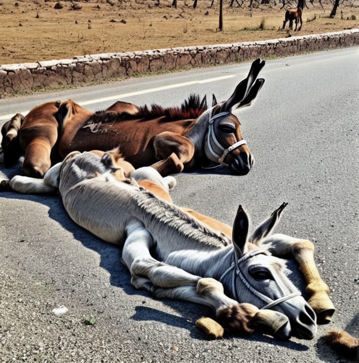  A dead donkey lying on road side.