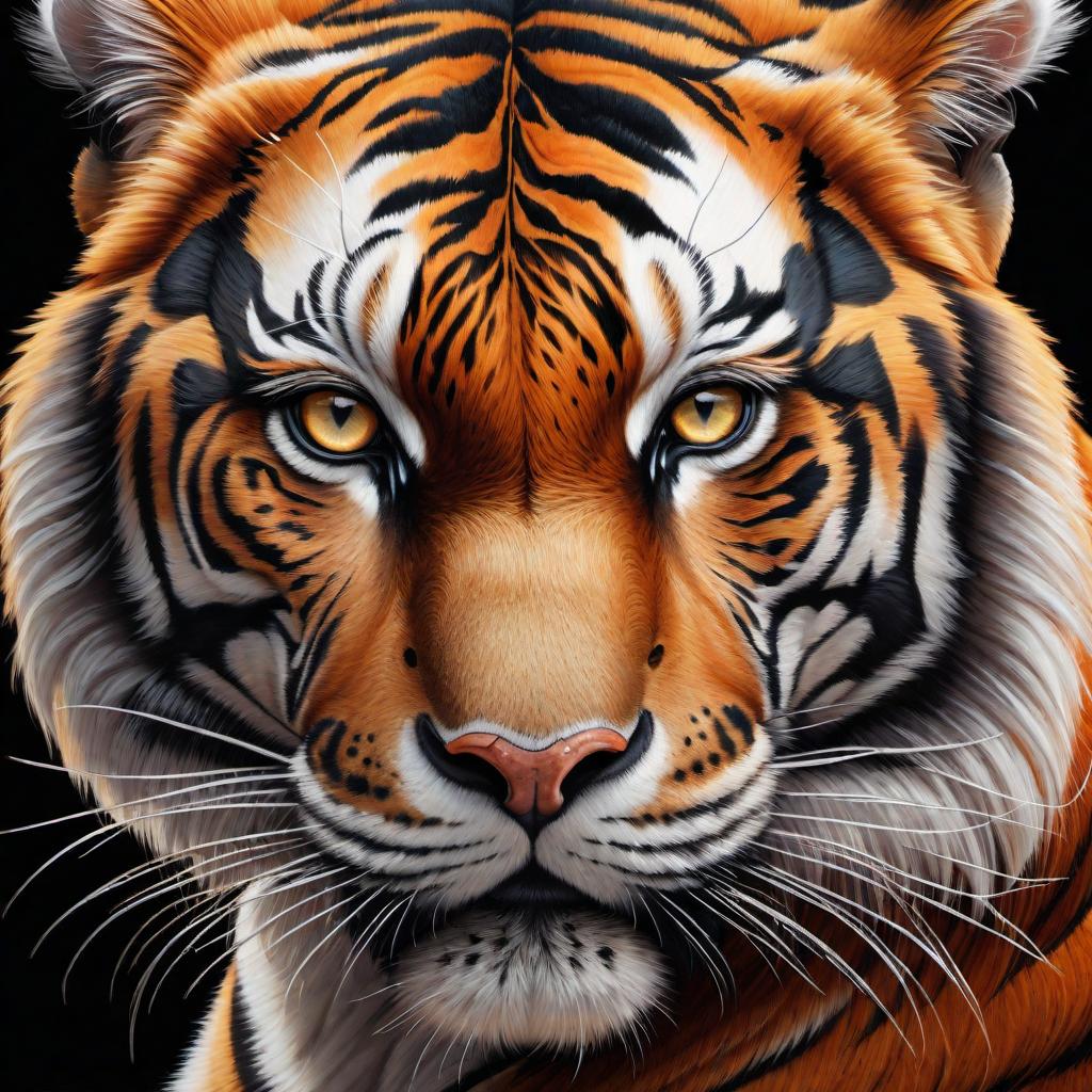  A close-up, realistic painting of a tiger's eye. The eye should be vibrant, with detailed reflections in the iris, showcasing the piercing and majestic nature of the tiger. The surrounding fur should be finely detailed, with sharp contrasts between the black stripes and the orange and white fur. The overall mood of the image should be intense and captivating. hyperrealistic, full body, detailed clothing, highly detailed, cinematic lighting, stunningly beautiful, intricate, sharp focus, f/1. 8, 85mm, (centered image composition), (professionally color graded), ((bright soft diffused light)), volumetric fog, trending on instagram, trending on tumblr, HDR 4K, 8K