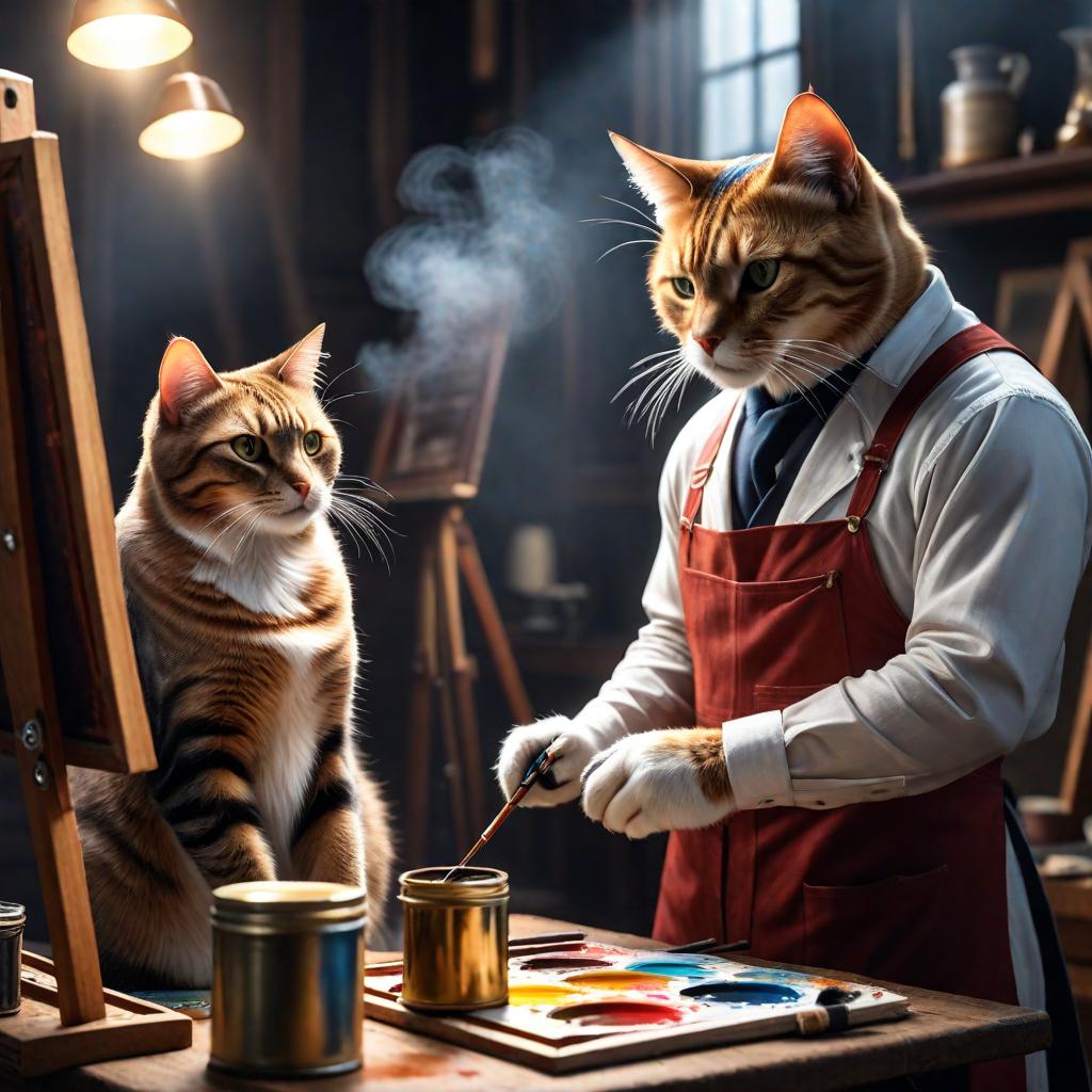  A painter cat is painting, while another writer cat is writing. hyperrealistic, full body, detailed clothing, highly detailed, cinematic lighting, stunningly beautiful, intricate, sharp focus, f/1. 8, 85mm, (centered image composition), (professionally color graded), ((bright soft diffused light)), volumetric fog, trending on instagram, trending on tumblr, HDR 4K, 8K