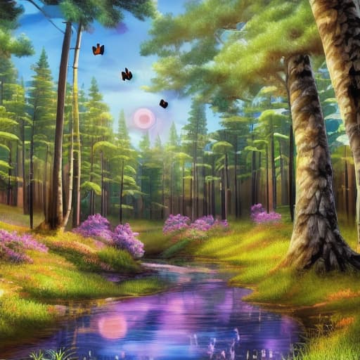  create a imageof a Airbrushed Hyperrealistic Glossy Beautiful background of Paradise pine trees Butterflies and the Sun