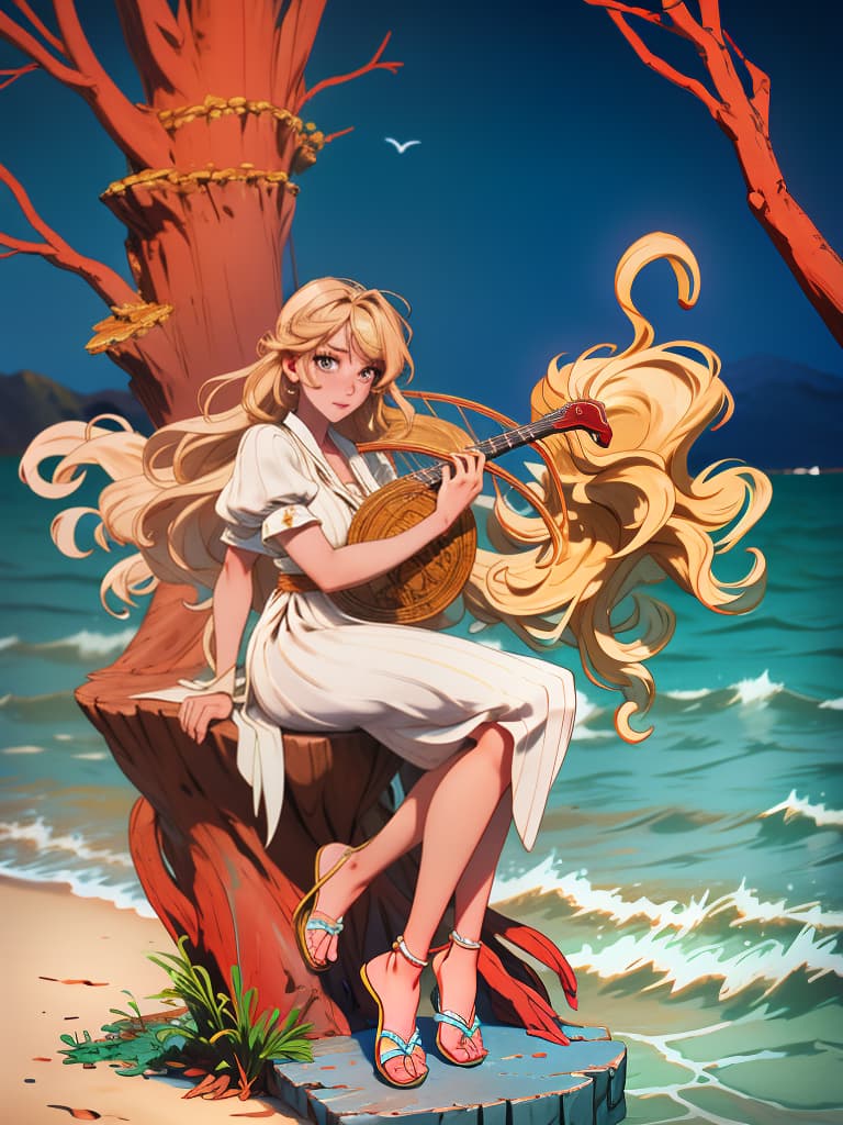  award winning, professional, highly detailed, breathtaking sea nymph lyre stringed harp sitting, rock, ocean spray, ocean storm, driftwood, toga, angelic, sea front view, , , photorealistic, raw photo, (1girl, looking at viewer), long hair, blond, oasis, sandals, eyeshadow, crab, fins, translucent white armor, intricate dress, delicate wood filigree, intricate filigree, pearl metalic parts, detailed part, dynamic pose, detailed background, dynamic lighting,(textured skin:1.3)