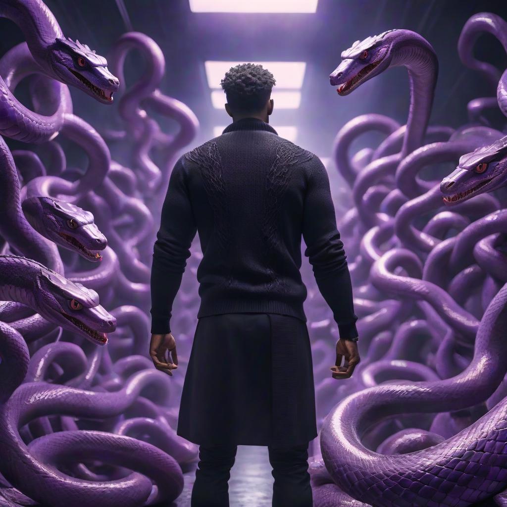  A man in a black sweater, an extended arm, from his hand numerous small purple snakes are coming out. hyperrealistic, full body, detailed clothing, highly detailed, cinematic lighting, stunningly beautiful, intricate, sharp focus, f/1. 8, 85mm, (centered image composition), (professionally color graded), ((bright soft diffused light)), volumetric fog, trending on instagram, trending on tumblr, HDR 4K, 8K